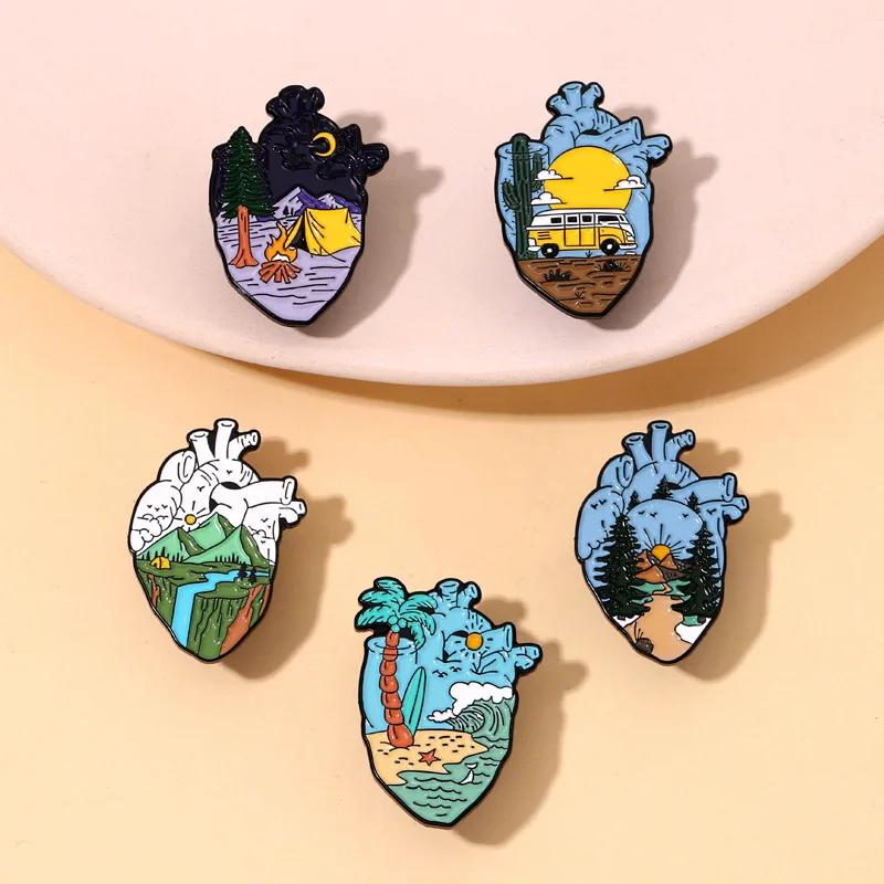 

Landscape creek evening starry sky scenery personalized heart shape creative fashionable soft enamel pins lapel