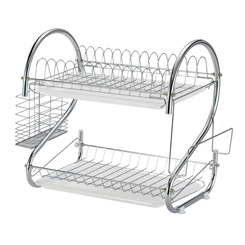 

Dual Layers Kitchen Storage Holder Metal Wire Hanging Tableware Spice Jar Set Bowl & Dish Drying Rack With Water Drainer, Silver