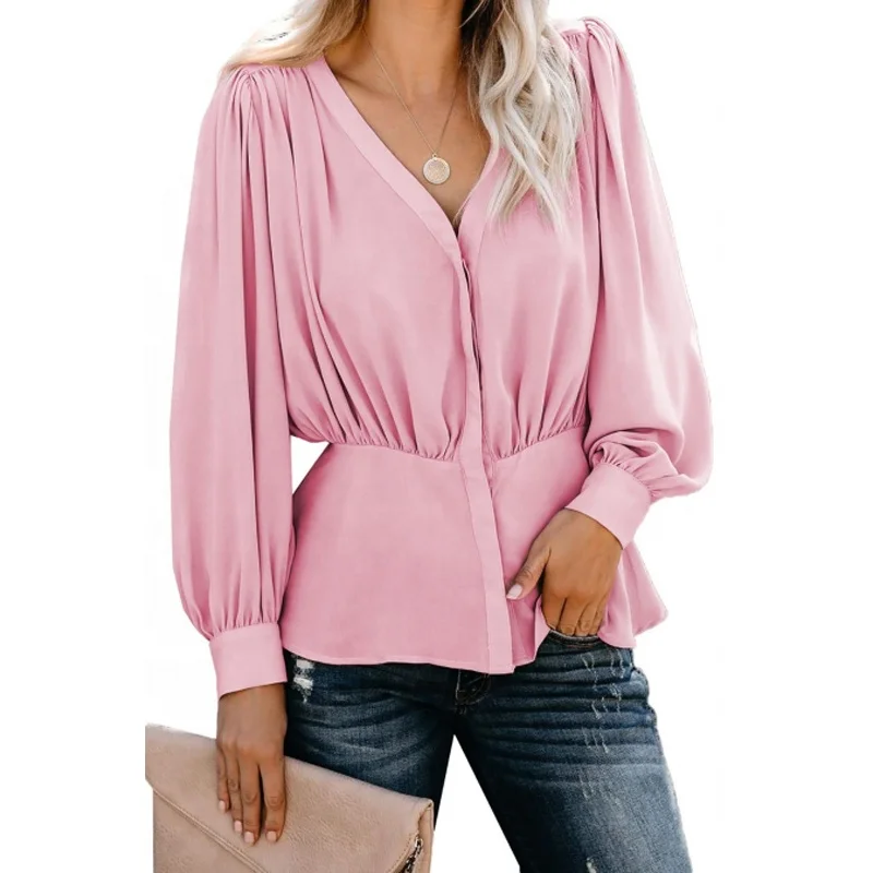 

Latest Design Long Sleeve Tops Button Down Pleated V-Neck Blouse Women