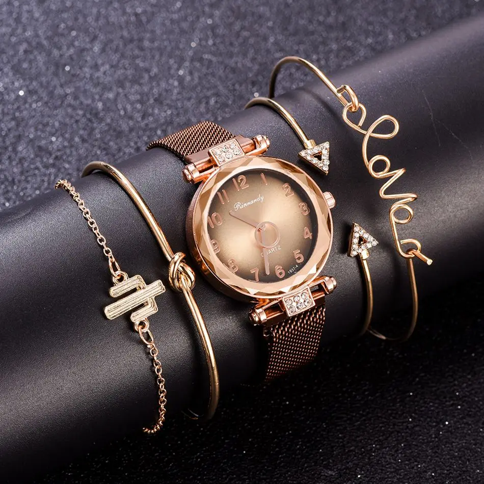 

5PCS Watch Set With Bracelet Bangle Dazzling Jewelry Quartz Clock Magnetic Gradient Crystal Dial Ladies Wristwatch Women Clock, As show