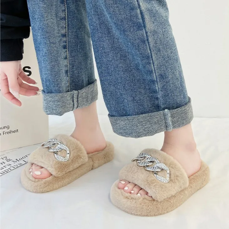 

Winter Women Slides Furry Bedroom Slipper Fashion Women's Metal chain Fur Slippers, 7 colors