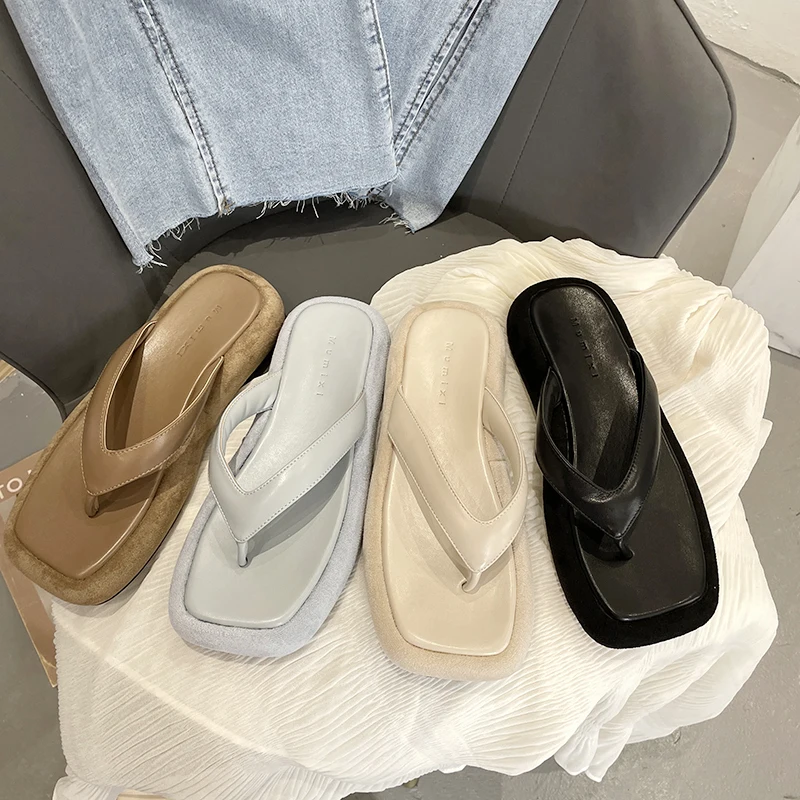 

Muffins Shoe Women Platform Sandals Square Toe Slides Women Beige Comfort Slippers Female 2021 Women's Summer Flat Flip Flops