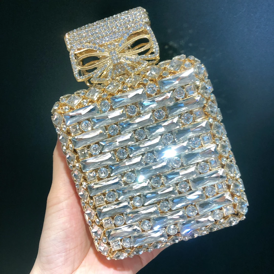 

xinyu Factory Wholesales Crystal Rhinestone Clutch Evening Bag for Formal Party Diamond perfume bottle Shape Purse Handmade