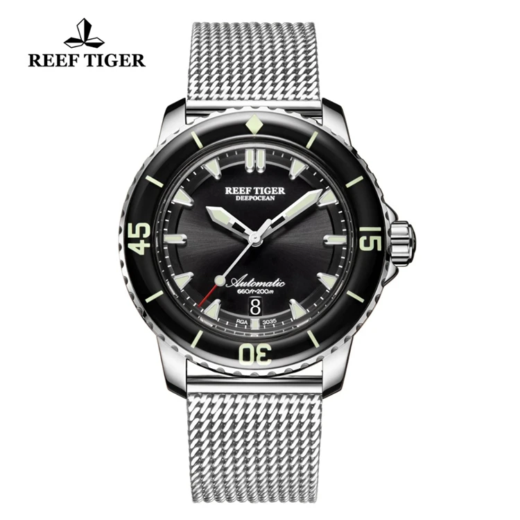 

REEF TIGER RGA3035S Super Luminous Dive Watch Mens Blue Dial Analog Automatic Watches Mesh Strap reloj hombre