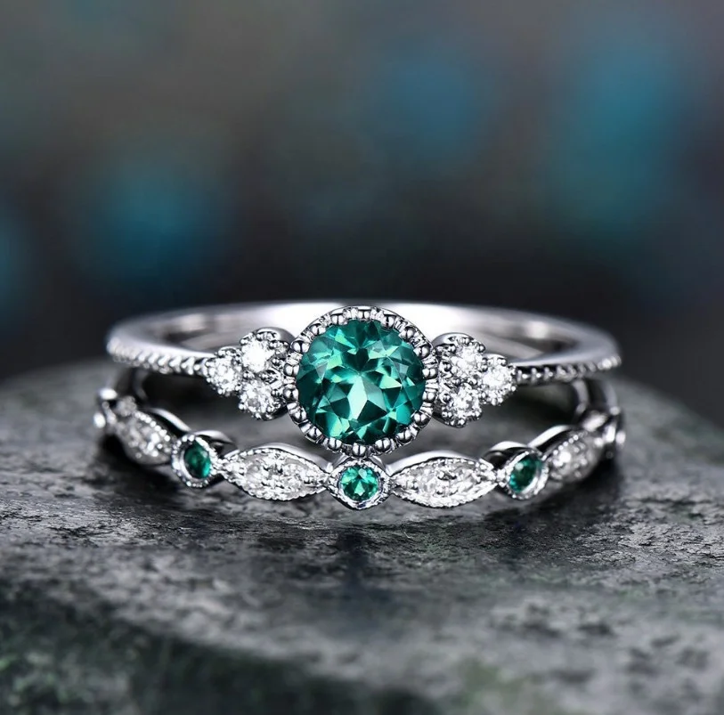 

New Luxury 2Pcs/Set Green Blue Crystal Zircon Open Adjustable Rings For Women Fashion Sliver Color Wedding Engagement Rings