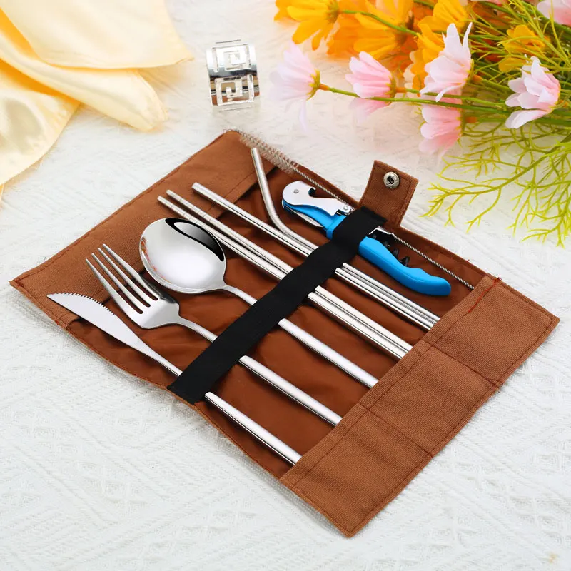 

Amazon hot sale travel 8-Piece flatware sets Knife Fork Spoon Straw portable cutlery set with cloth bag