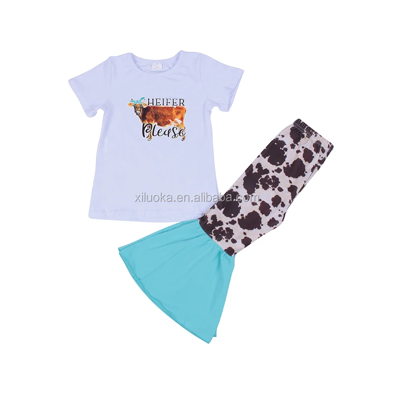 

High Quality Cow Vinyl Girl Bell Pants Clothing Set Kids Boutique Outfits, Picture