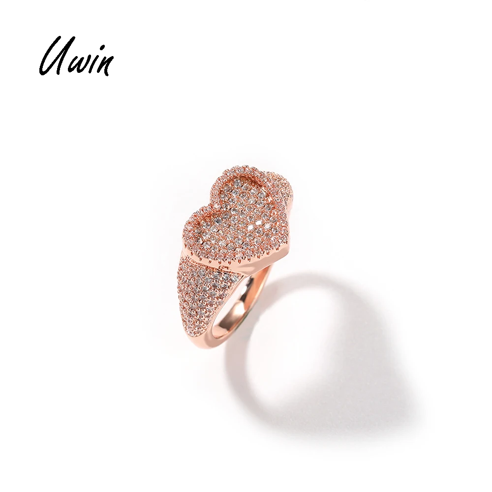 

UWIN New Arrival Heart Shape CZ Ring Full Iced Out Diamond Ring Hiphop Brass Rings for Rapper Jewelry, Gold / silver /rose gold