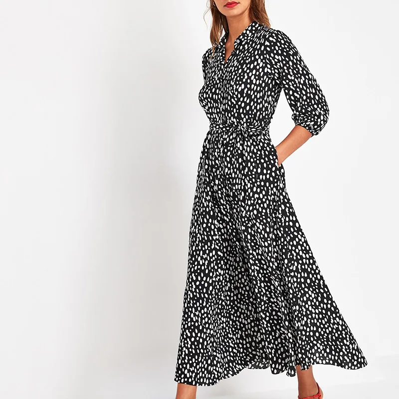 

Vintage Floral Print Maxi Dress Women Fall Long Boho Three Quarter Sleeve Long Dress Turn Down Collar Casual Shirt Dresses Robe