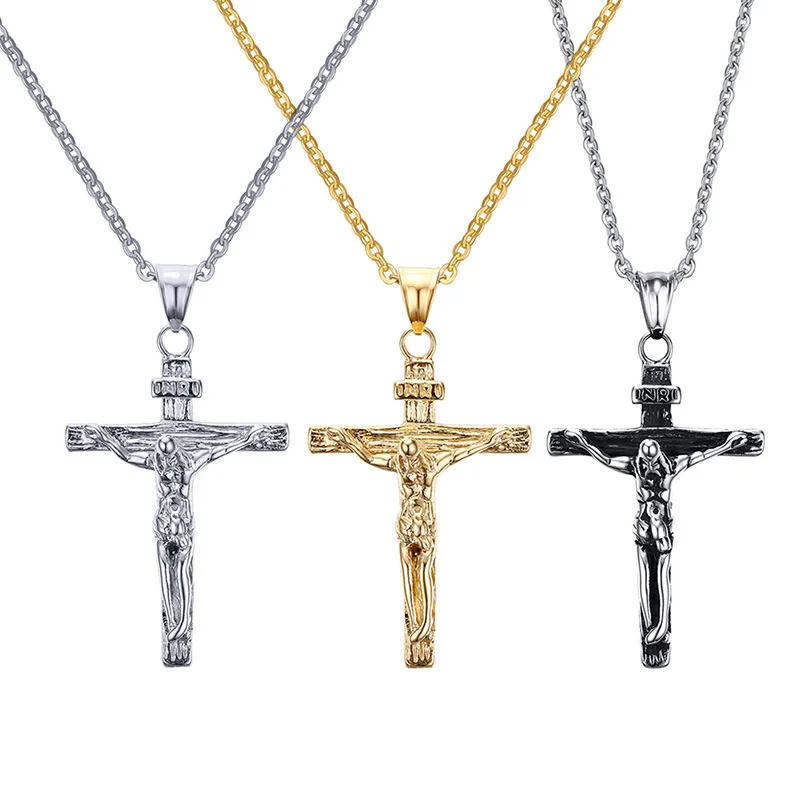 

Stainless steel Catholic Jesus Christ on INRI Cross Crucifix Necklace Gold Silver Two Tone Pendant Necklace, Picture