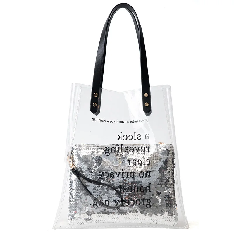 

Custom 2-In-1 Letter Clear Glitter Shoulder Bag Transparent Shopping Tote Beach Bag PVC Jelly Handbag With Sequins Purse, Pink, silver