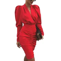 

New Design Sexy Night Dress Red Tight Hip Long Sleeve V Neck Evening Dresses Women