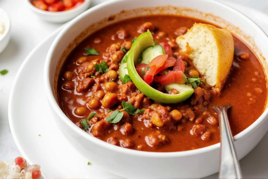 NYT chili recipe served in white bowl with cornbread wedge and garnishes