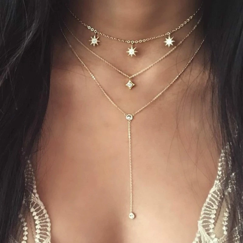 

Fashion Rhinestone Multilayered Choker Necklace Star Tassels Crystal Pendant Necklaces for Women Wholesale (KNK5279), Silver, gold