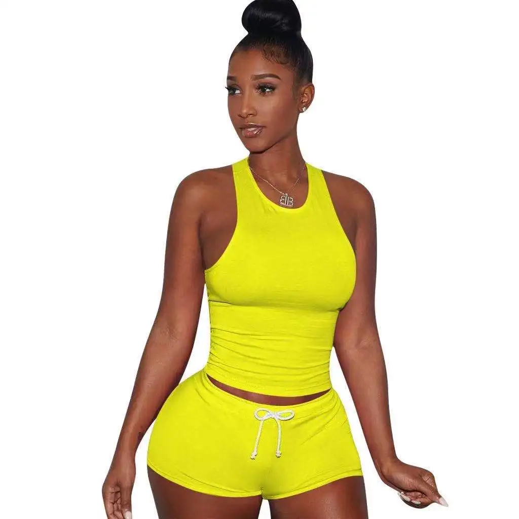 

custom logo solid knitting women yoga two piece summer two piece biker short set candy color tank top 2 piece biker shorts set