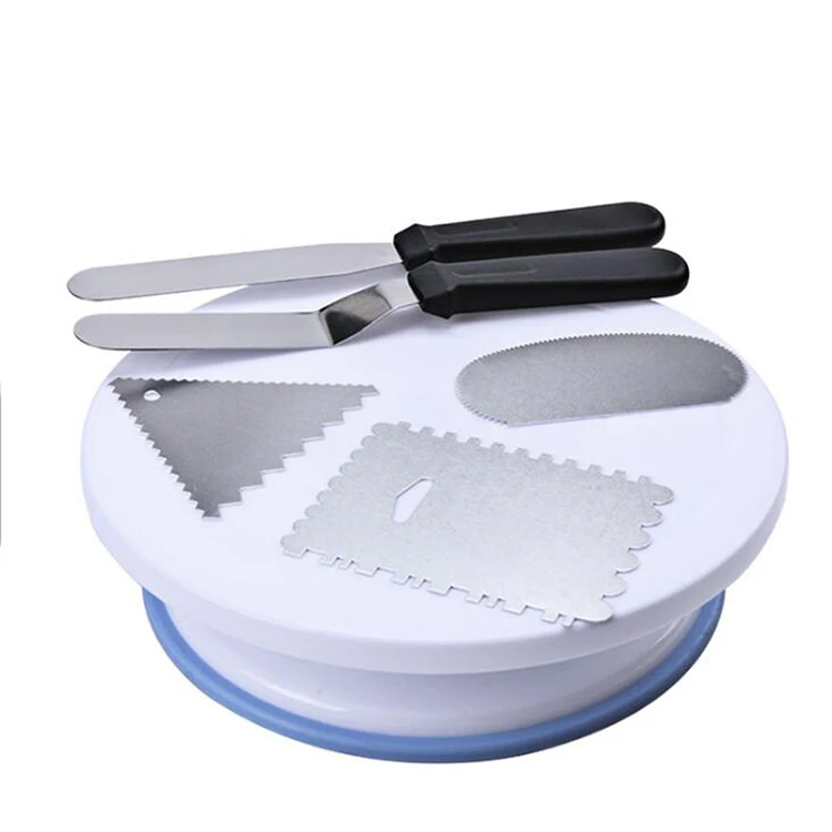 

cake turntable, revolving decorating stand with Icing spatula knife and metal smoother for baking cake, White
