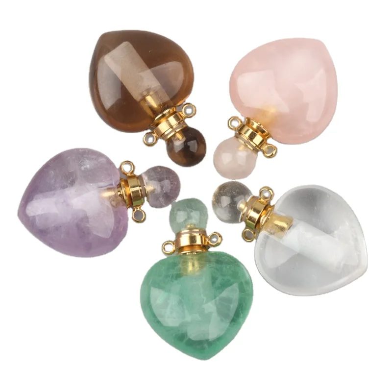 

Wholesale Custom Natural Stone Pink Heart Shaped Mini Rose Quartz Oil Necklace Crystal Perfume Bottle for gift