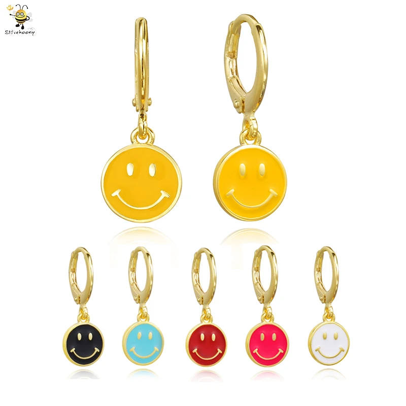 

925 Sterling Silver Fashion 18k Gold Plated Colorful Enamel Smile Face Drop Charms Hoop Huggie Cartilage Earrings, Silver/18k gold plated