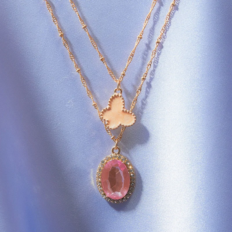 

new style personalized necklace double layer necklace for women female gold oval pink crystal drop yellow butterfly necklace, Picture
