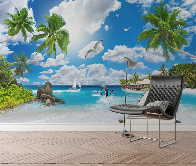 海景椰子树风景墙壁画客厅乙烯基壁纸 - buy 3d壁纸家居装饰,沙滩壁画