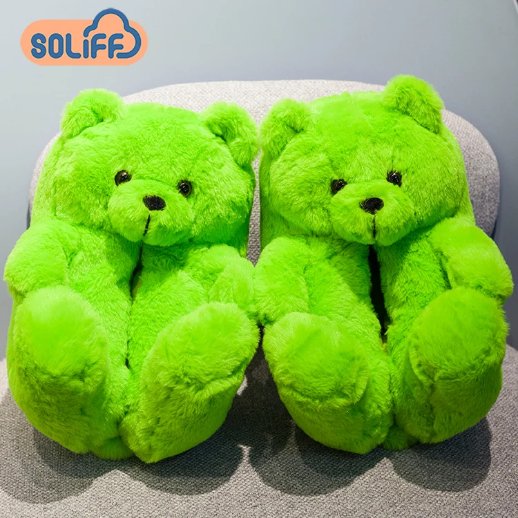 

green big bear slippers fur teddy bear slippers