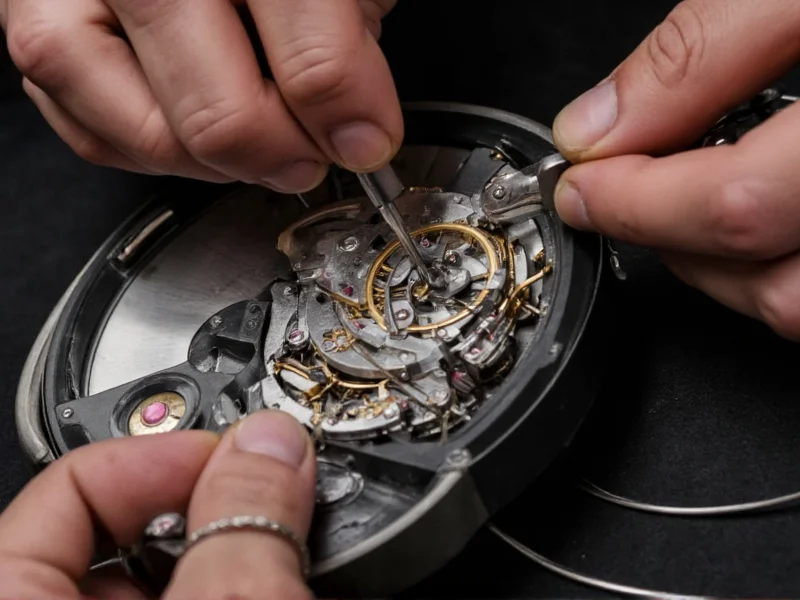 Hands assembling watch movement with precision tools