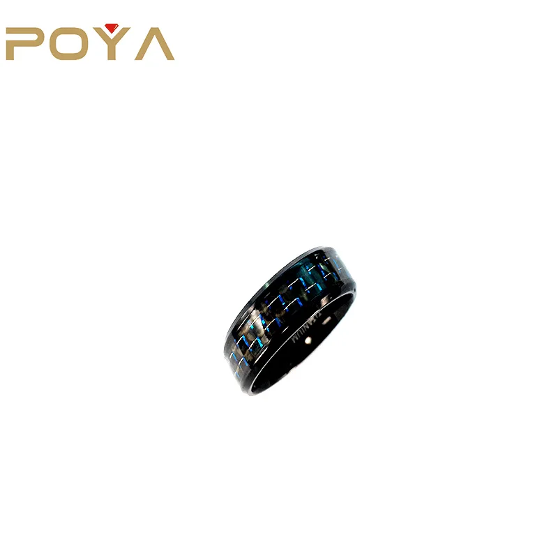 

POYA 8mm Black Titanium Ring Carbon Fiber with Black and Blue Wedding Bands or Rings Engagement MEN'S Gift Bar Setting Party