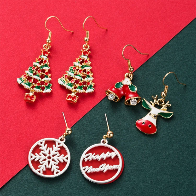 

2021 Christmas Series Asymmetric Christmas Tree Snowflake Earrings Alloy Oil Drop Ear Hook Accessories Jewelry