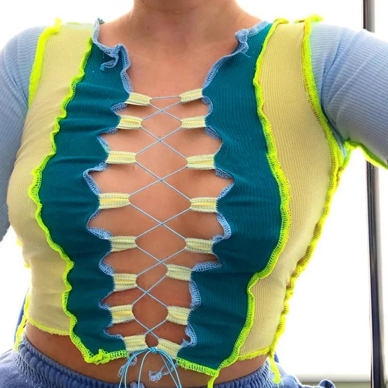 

2020 Fashion Sexy Lace Up Contrast Long Sleeve Patchwork Fall Ladies Shirts Tops Corset Blouses, Customized color