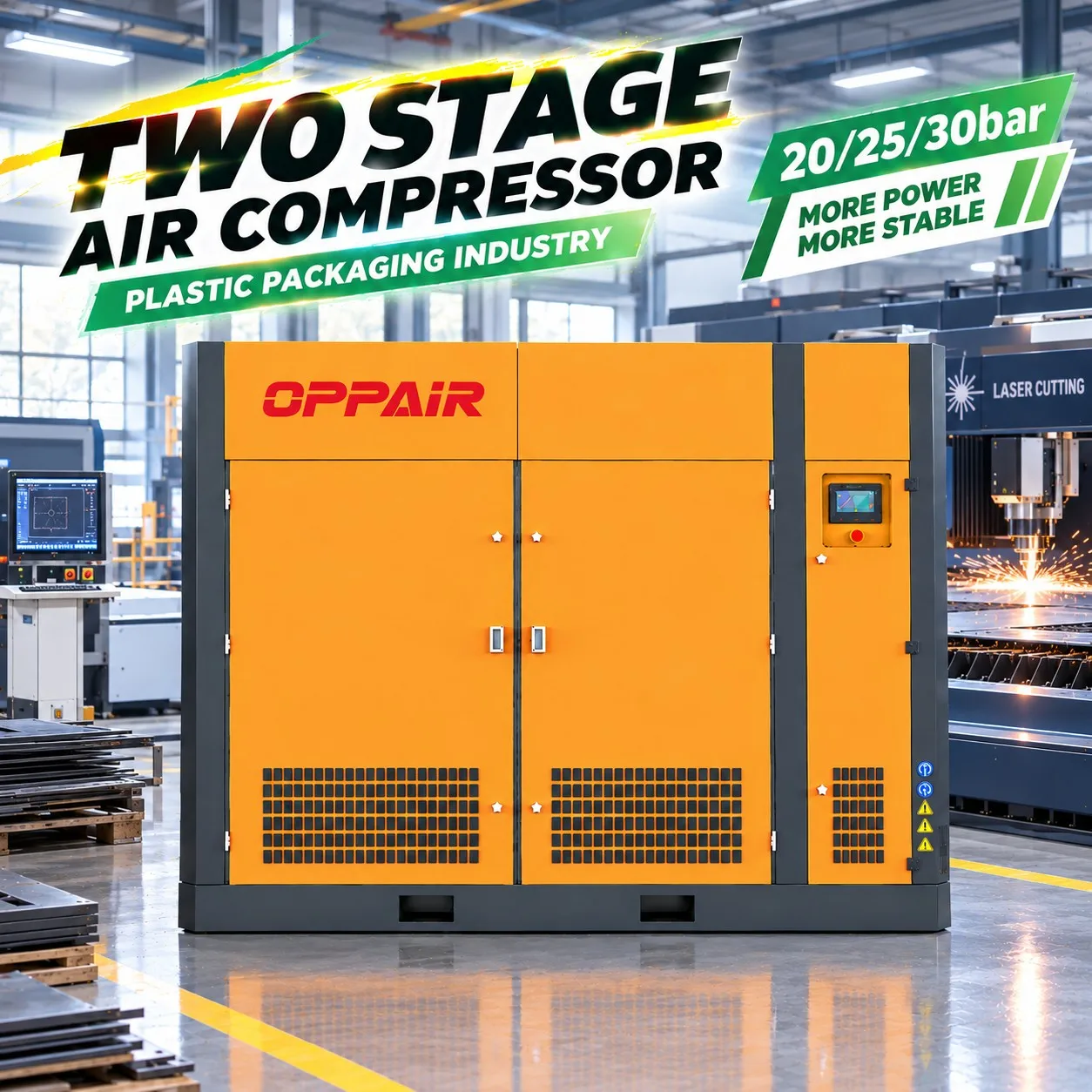 OPPAIR Two Stage Air Compressor 20/25/30bar High Pressure - Plastic Packaging Industry, Laser Cutting
