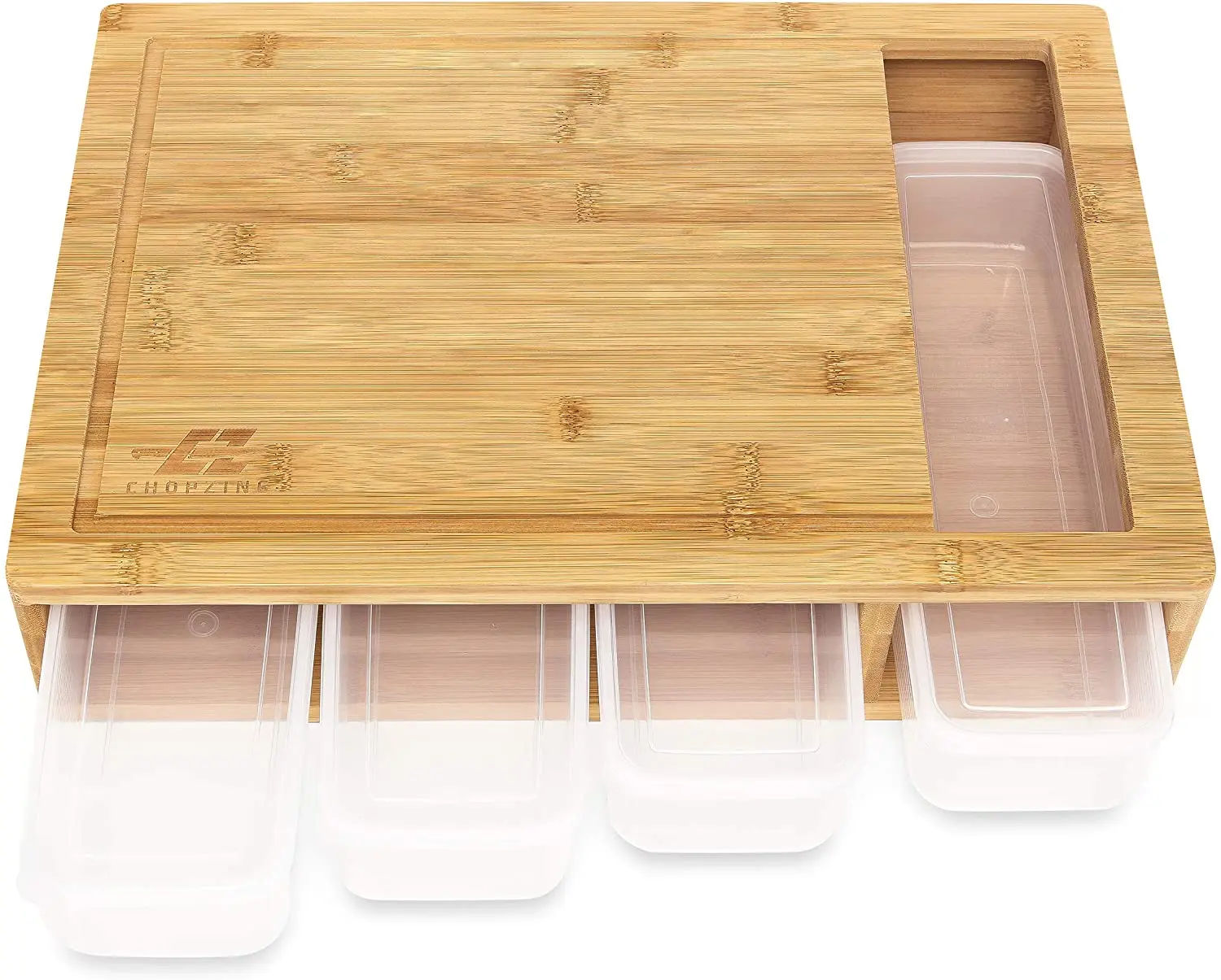 Multifunctional Bamboo Cutting Board With 4 Container Tray Kitchen