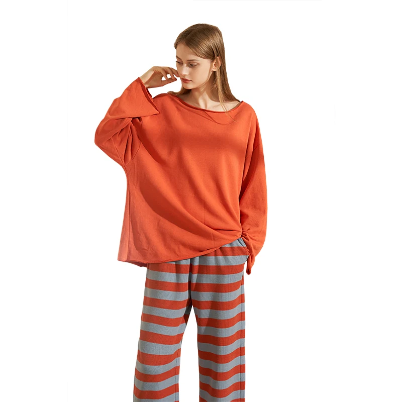 

Women Loose Autumn Winter Sleepwear Stripe Long Sleeves pyjamas Women Pajama Set Cotton