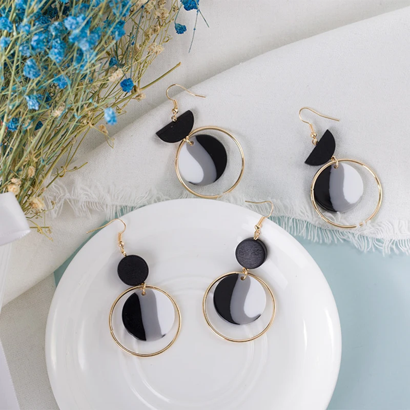 

Simple Handmade Round Black White Acrylic Drop Dangle Earrings for Women Girl Gift, Colorful
