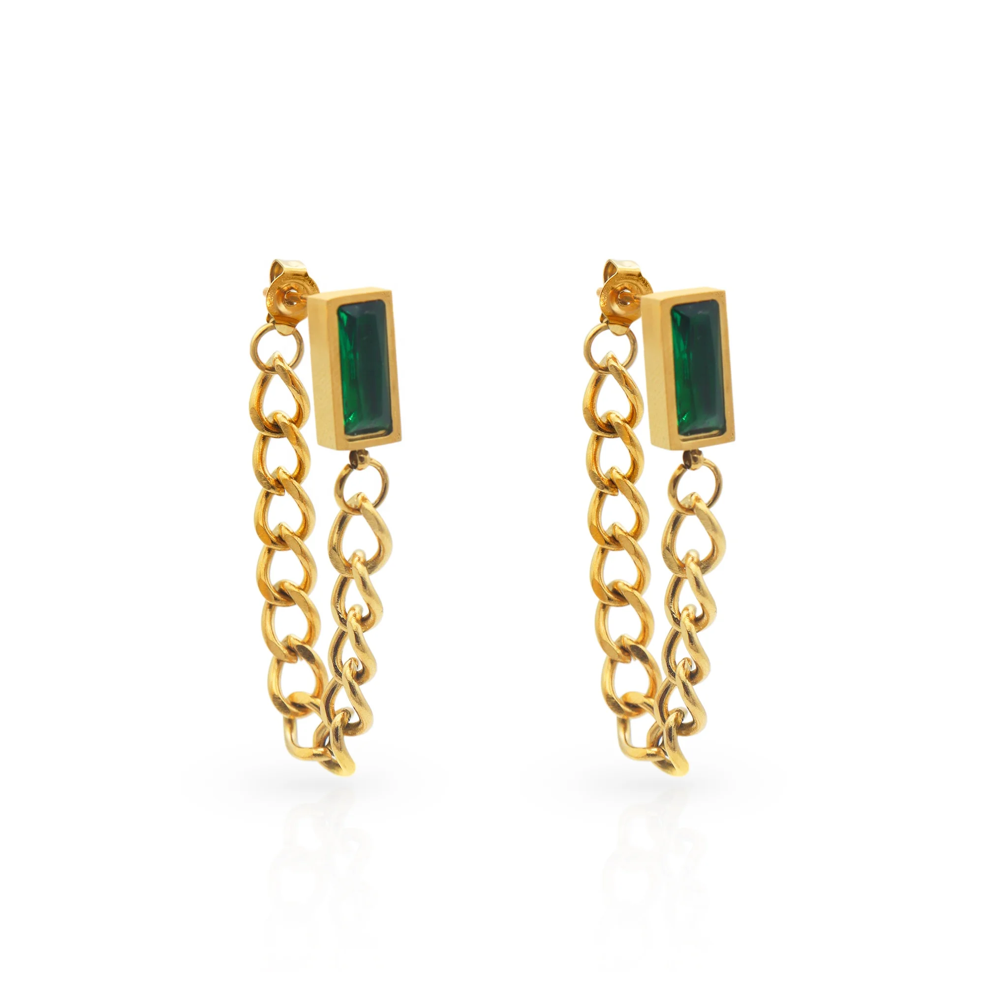 

Chris April In Stock Fashion Jewelry 316L Stainless Steel PVD gold plated minimalist Emerald zircon tassels chain earrings