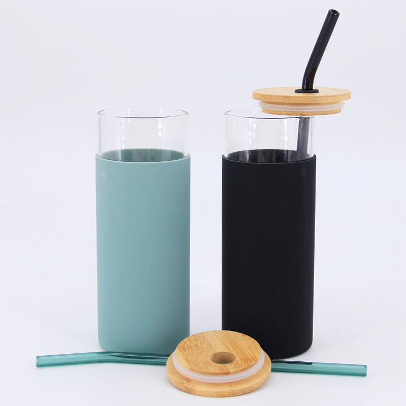 

Amazon Top Seller Bamboo lid and straw water bottle sustainable 500ml smoothie glass boba tumbler cups with silicone sleeve