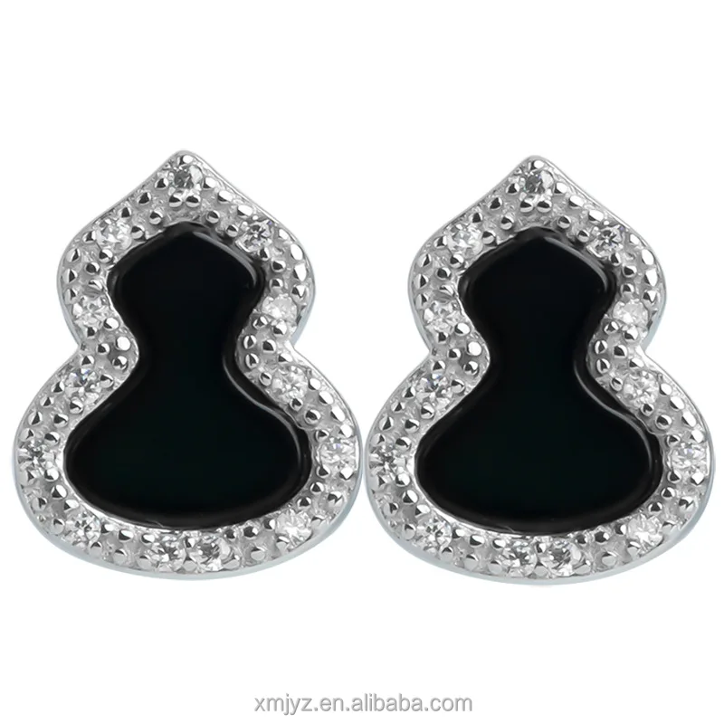 

Certified Grade A S925 Silver Inlaid Natural Black Jadeite Dark Jade Gourd Stud Fashion Ladies Earrings
