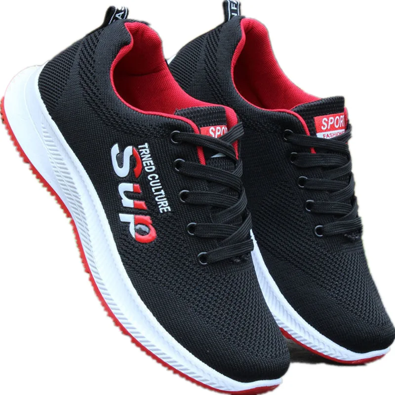 

trendy walking designer fashion men sneaker fly knitting durable men's casual fitness walking football trainer shoes, Custom ( black&red)