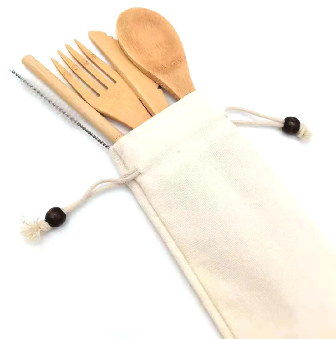 

Fast ship organic travel holiday gift bamboo spoon fork knife set with white cotton bag, Natural bamboo color