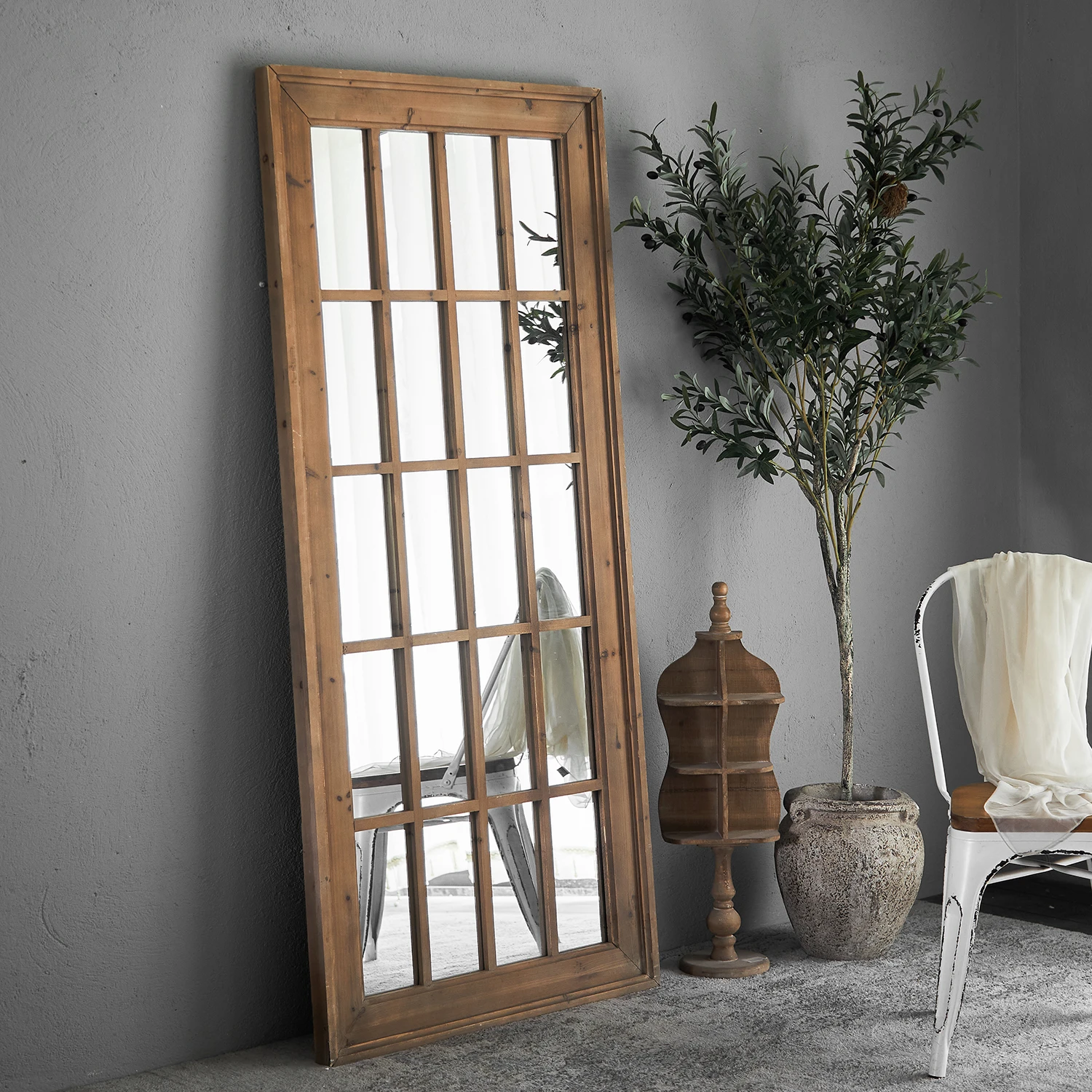 

Rustic style decoration hanging large frame floor mirror wood arch window wall hanging mirror decorative mirror, As picture