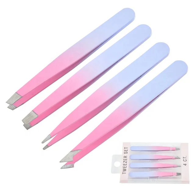 

BEAU FLY 2pcs Stainless Steel Personal Care Tool Slant Pointed Eyebrow Hair Removal Tweezers Set, Pink, hot pink, blue, orange, black