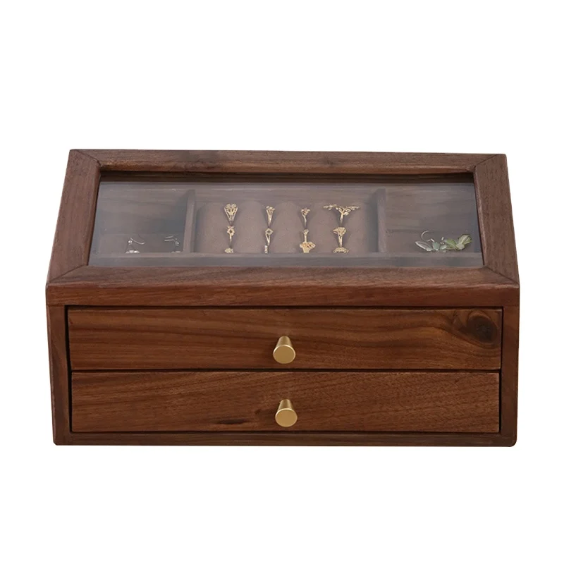 

Two drawers separate layer clear classification black walnut solid wood jewelry case, Black walnut color