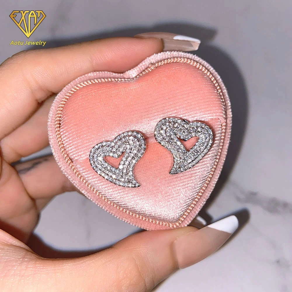 

full pave zircon diamond heart stud earrings women