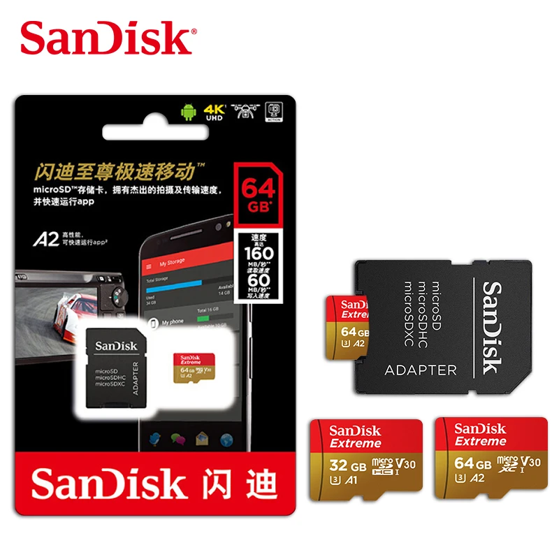 

SanDisk A2 Extreme Micro SD Card 64GB U3 32GB memory V30 100MB/S Class10 flash TF Card Support 4K HD