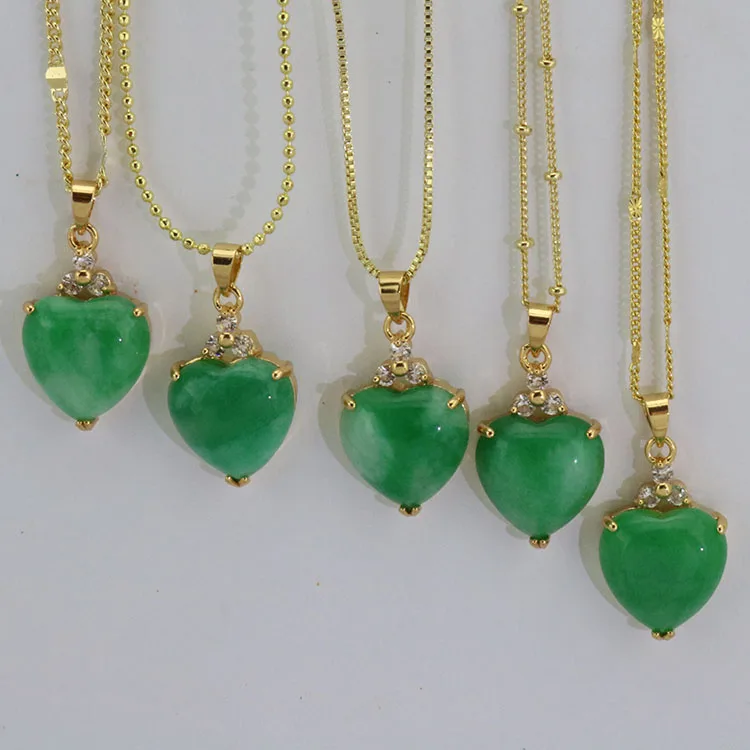 NN1148 Fashion Chic 18k Gold Plated Crystal CZ Paved Green Jade Heart Pendant Chain Necklace