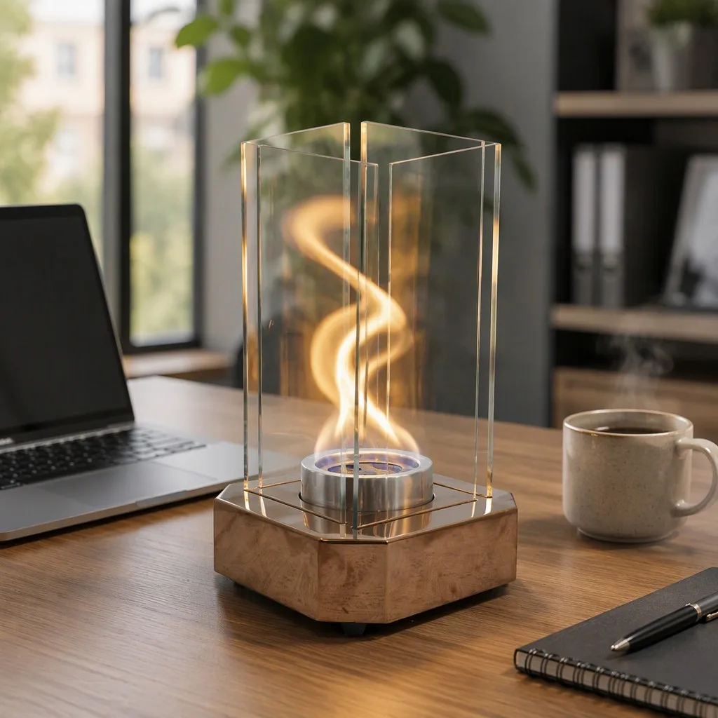 LQ-B02 tabletop bio-ethanol fireplace with octagonal metal base and vertical glass panels - LUOQI