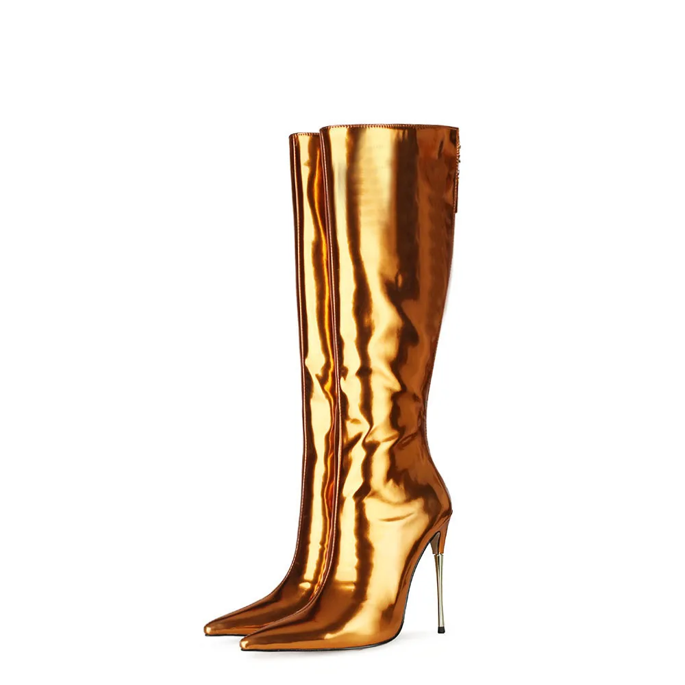 

Botas De Mujer Fashion Design Metallic Boots Women Mirror Leather Pointed Toe Stiletto Thin Heels Long Boot Knee High Boots