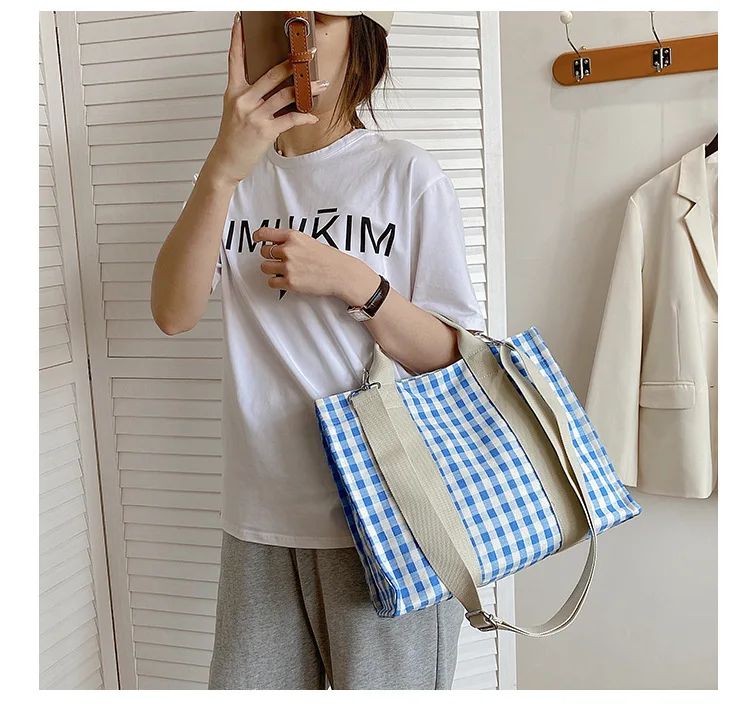 

2021 New Plaid Canvas Female Fashion Casual Reusable Shopping Bag Women Japanese Small Fresh Shoulder Cross Body Tote Bag