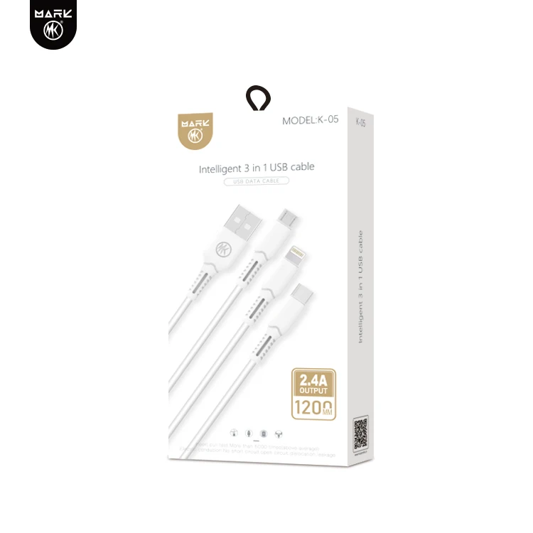 

3 in 1 USB Cable White 1.2 m Mobile Phone Fast Charging Stable Output Top Quality Durable Good Price