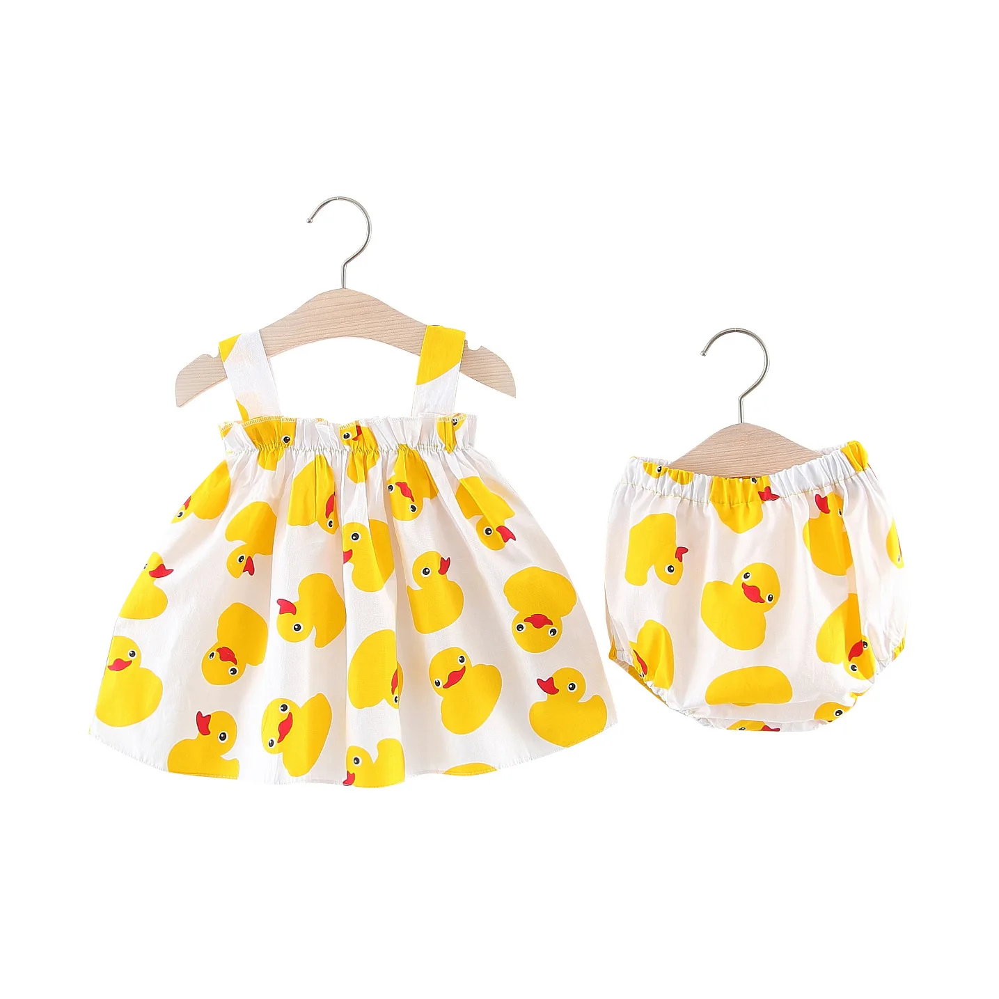 

Newborn Baby Girls Boutique Clothes Sleeveless Dress+Briefs 2PCS Outfits Set ummer Cartoon Yellow Duck Print Dress + Pants Suit