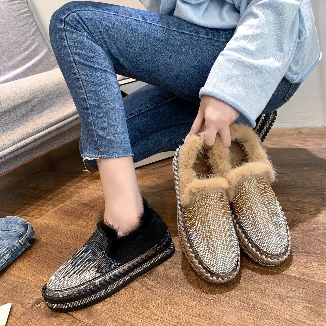 

Fashion Platform Espadrilles Shoes Rhinestone Women Leather Thick Bottom Women Flats Round Toe Women Casual Furry Slip On Shoe, Brown black